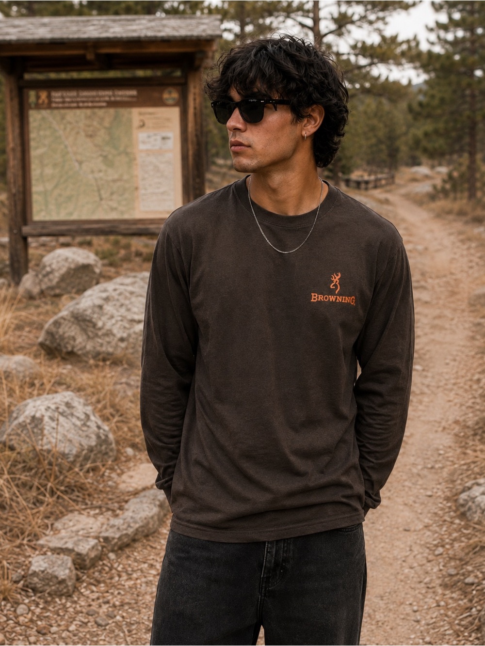 Browning Men’s Medium Brown Long Sleeve Buckman Hunting Outdoor Tee 100% Cotton